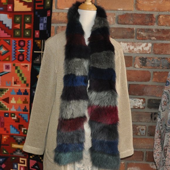 MultiColor Dyed Striped FOX FUR Scarf 62" Long Scarf, Neck Wrap Double Sided - Picture 3 of 3